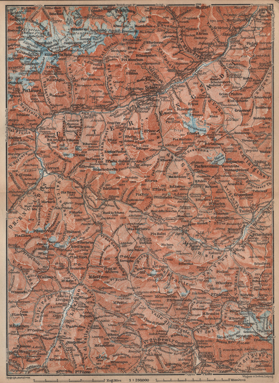 LOWER ENGADINE. Livigno Bormio Ftan Scuol Silvretta Range Piz Buin 1899 map